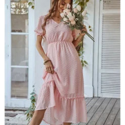 Elegant V Neck Flocking Midi Dress Short Sleeve Solid Color High Waist Wholesale Dresses SDN560431 -Amour Vert shop 008b05bc 5e7d 47fd b65b 69c2371d7cfa 0724eafcc8722a14df72afb6603c0a65