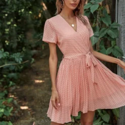 Fashion V Neck Polka Dot Dress Short Sleeve Slim A-Line Wholesale Dresses With Belt SDN560452 -Amour Vert shop 03b3a446 2d14 4eef 8dde 94737466c2d0 a127acbfbf7d308a27b5702992edfdb6