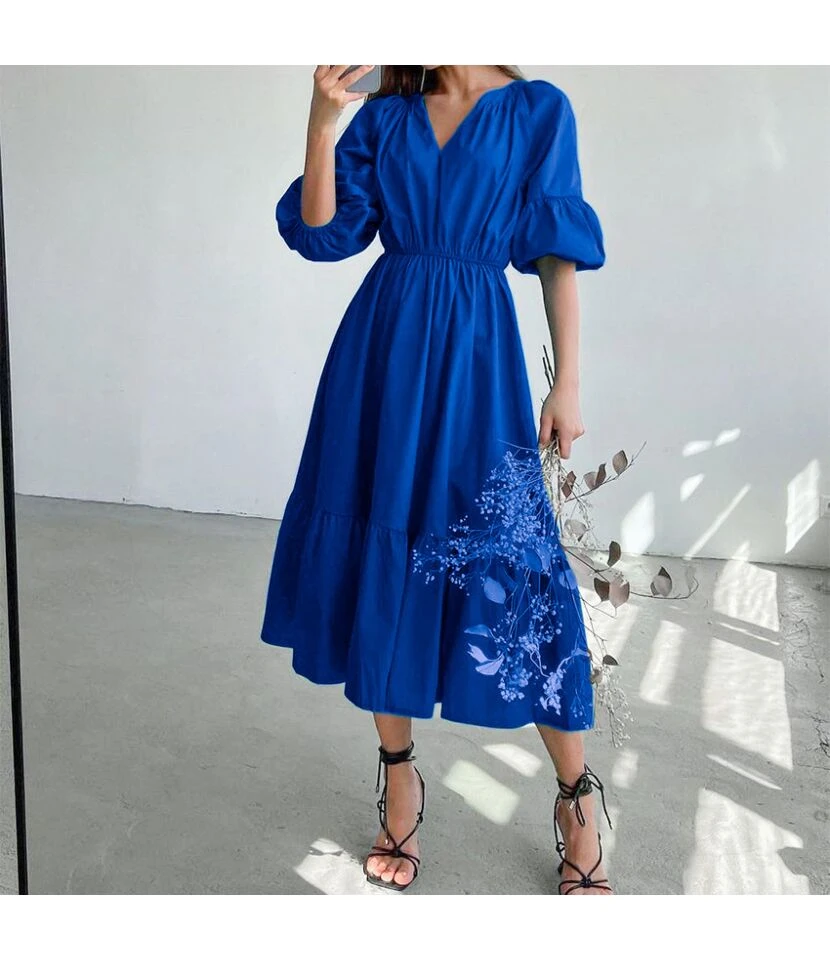 Klein Blue V Neck Puff Sleeve A-Line Dress High Waist Solid Color Midi Wholesale Dresses SDN560941 7 Klein Blue V Neck Puff Sleeve A-Line Dress High Waist Solid Color Midi Wholesale Dresses SDN560941 - Image 5