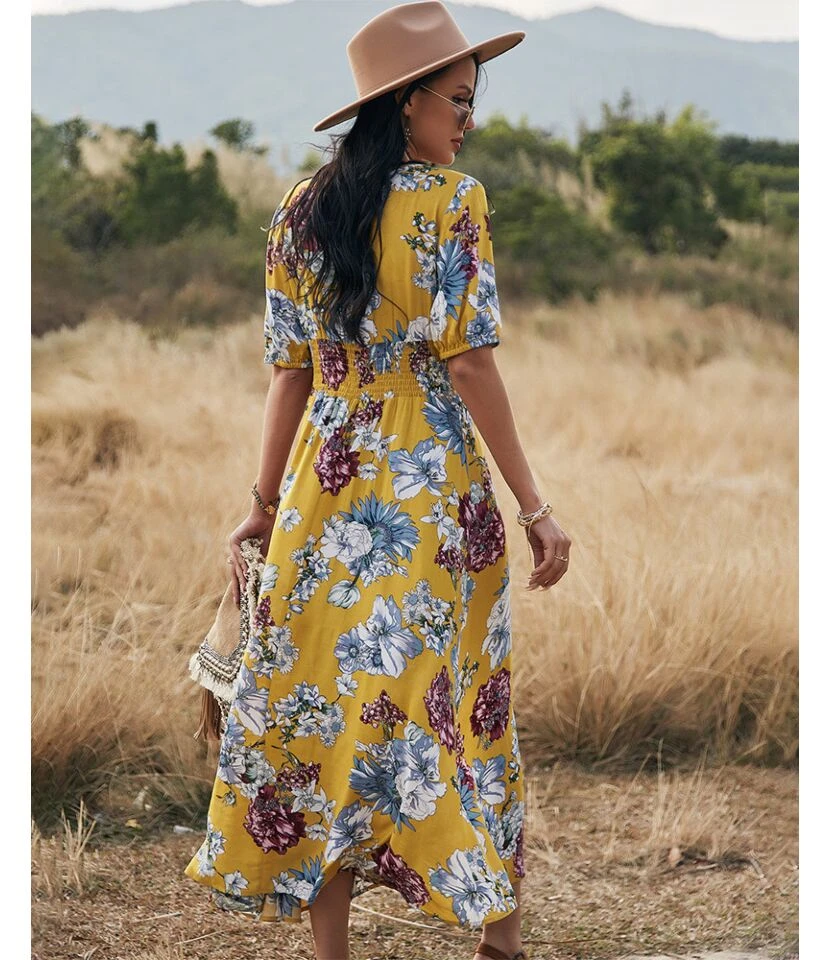 Sexy Deep V Floral Swing Dress Short Sleeve Slim Drawstring High Slit Vacation Wholesale Dresses SDN560326 9 Sexy Deep V Floral Swing Dress Short Sleeve Slim Drawstring High Slit Vacation Wholesale Dresses SDN560326 - Image 7