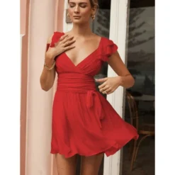 Sexy Deep V Ruffles Sleeve Dress Solid Color Lace-Up Backless Wholesale Dresses SDN560229 -Amour Vert shop 059d6001 94bf 4c13 810d 95c8aa1b43bf f9e938f423a45ec562e456d9ca52d9f6