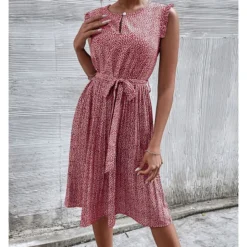 Casual Print Sleeveless Dress Floral Pleated Tie-Up A-Line Wholesale Dresses SDN561296 -Amour Vert shop 09 23 1