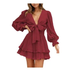 V-Neck Solid Color Tieback Bowknot Long Lantern Sleeve Ruffle Dress Casual Wholesale Dresses SD531178 -Amour Vert shop 0e4c9c1d 0bd4 4fd1 8caa 763357e13c1c 06317cf7f70aef05af545fe09e6aa3b4