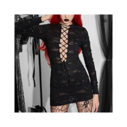 Dark Punk See-Through Long-Sleeved Tight-Fitting Hollow Deep V Tie Dress Wholesale Dresses N4623071300009
