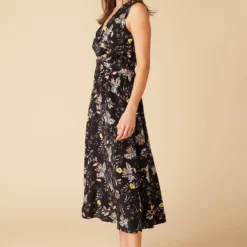 Olive Washable Silk Midi Dress - French Jardin Black -Amour Vert shop 10129R1 Olive Silk French Jardin 2