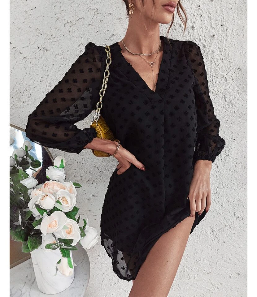 Sexy V Neck Flocking Mini Dress Solid Color Loose Long Sleeve Wholesale Dresses SDN560852 4 Sexy V Neck Flocking Mini Dress Solid Color Loose Long Sleeve Wholesale Dresses SDN560852 - Image 2