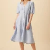 Odette Linen Dress - Blue Natural Stripe
