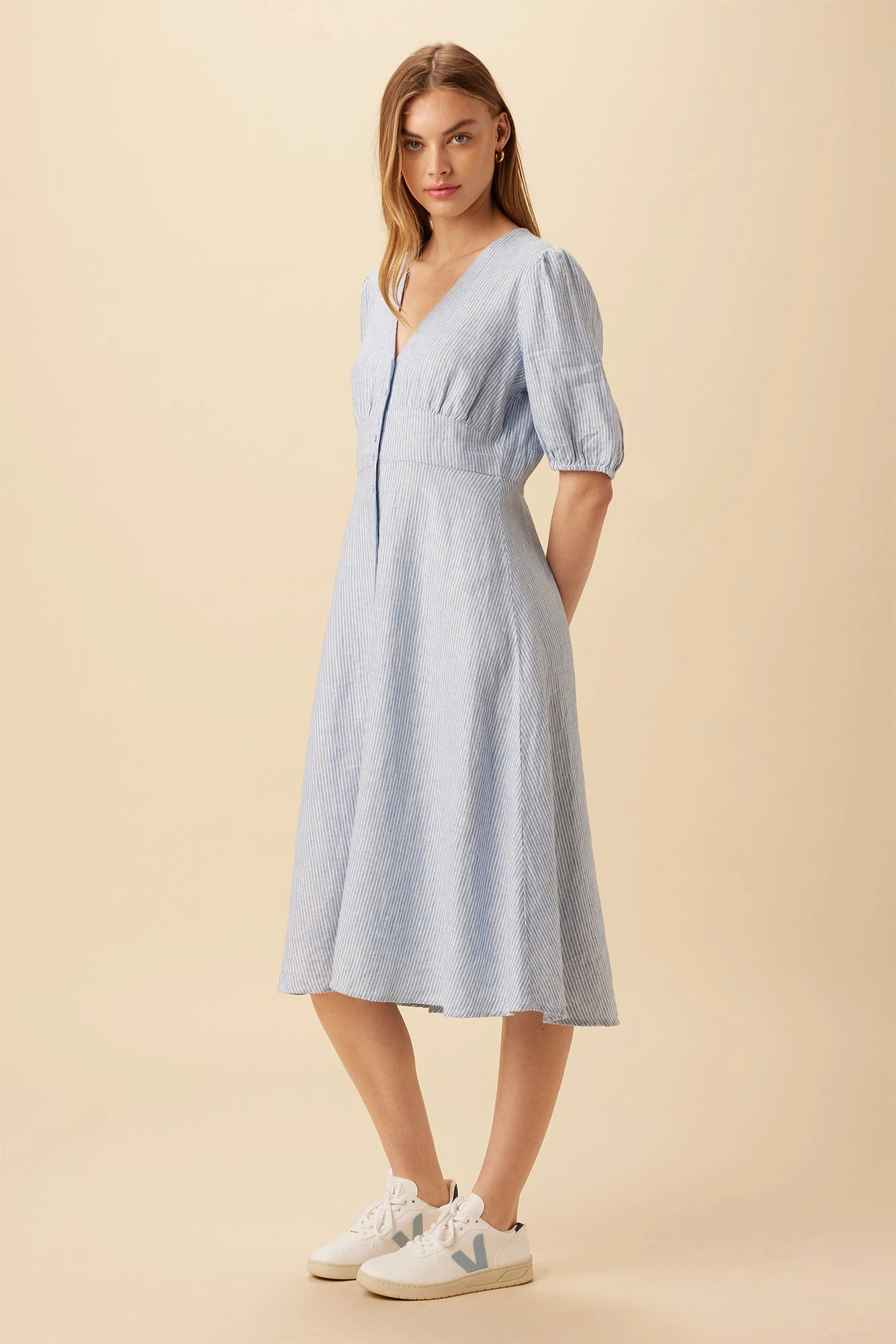 Odette Linen Dress - Blue Natural Stripe 5 Odette Linen Dress - Blue Natural Stripe - Image 3