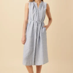 Kylen Linen Midi Dress - Blue Natural Stripe
