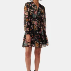 Malta Viscose Chiffon Long Sleeve Dress - Rosalind Floral Black