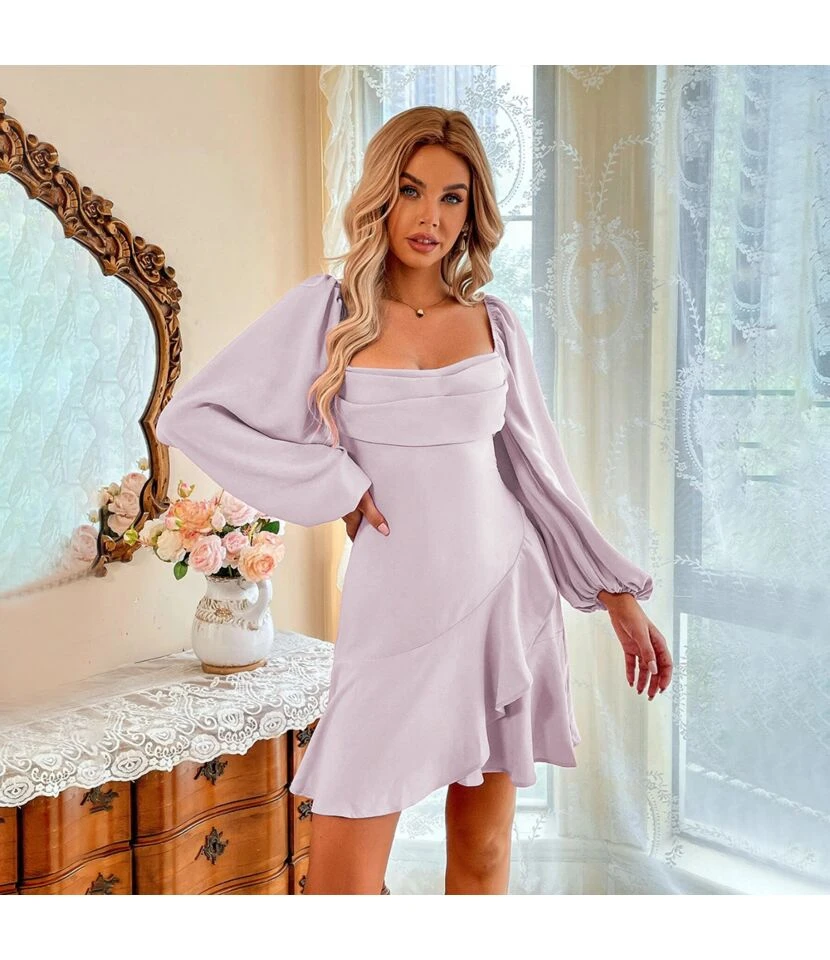 Sexy Square Neck Puff Sleeve Dress Solid Color Ruffled Wholesale Dresses SDN561726 7 Sexy Square Neck Puff Sleeve Dress Solid Color Ruffled Wholesale Dresses SDN561726 - Image 5