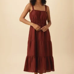 Elio Ramie Viscose Midi Dress - Rust