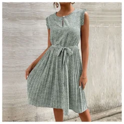 Casual Print Sleeveless Dress Floral Pleated Tie-Up A-Line Wholesale Dresses SDN561296