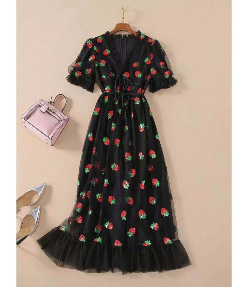 Deep V-neck Strawberry Pattern Lace-up Sequin Mesh Dress 5 Deep V-neck Strawberry Pattern Lace-up Sequin Mesh Dress - Image 3