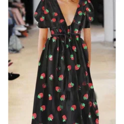 Deep V-neck Strawberry Pattern Lace-up Sequin Mesh Dress