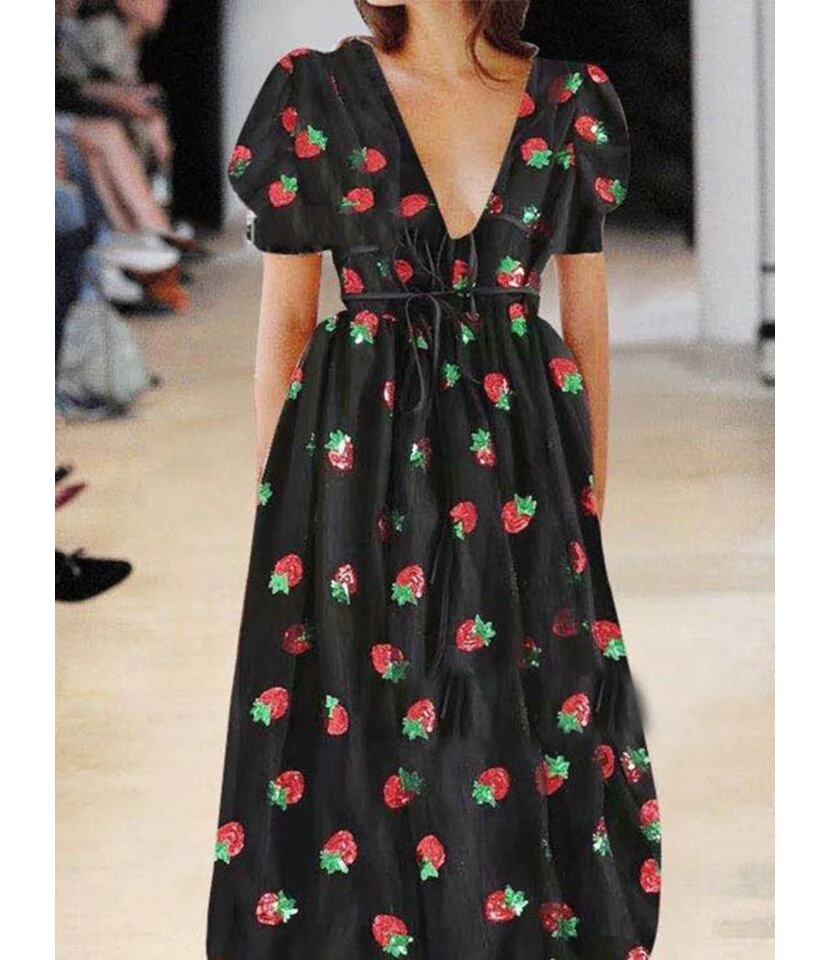 Deep V-neck Strawberry Pattern Lace-up Sequin Mesh Dress 3 Deep V-neck Strawberry Pattern Lace-up Sequin Mesh Dress