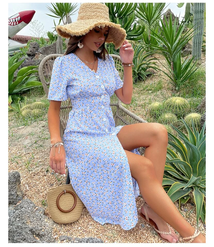 Sexy V Neck Floral Dress Short Sleeve Slit Shirt Wholesale Dresses SDN561308 7 Sexy V Neck Floral Dress Short Sleeve Slit Shirt Wholesale Dresses SDN561308 - Image 5