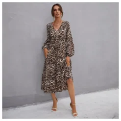 V Neck Buttons Trim Leopard Print Women Dress Wholesale SD030508