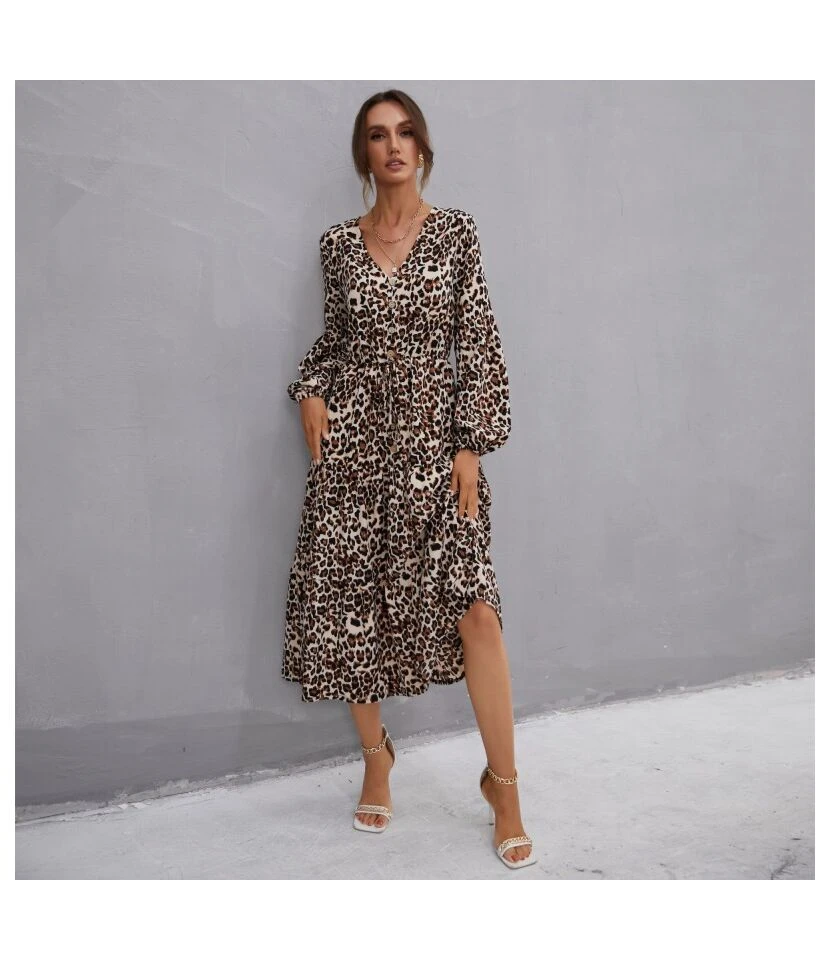 V Neck Buttons Trim Leopard Print Women Dress Wholesale SD030508 3 V Neck Buttons Trim Leopard Print Women Dress Wholesale SD030508