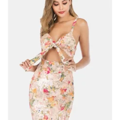 Knot-front Flower Trim Sequins Dress