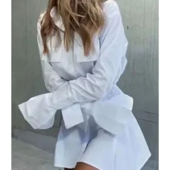 Solid Color Turn Down Collar Cargo Style Shirt Dress -Amour Vert shop 200717206 1