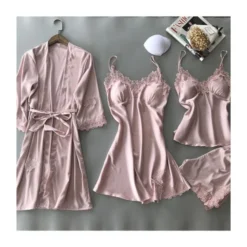 4PCS Lace Trim Kimono Suspender Dress Cami Top Shorts Pajamas Set -Amour Vert shop 201022300 2 1