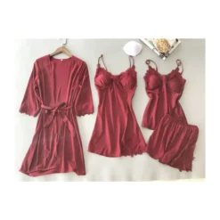 4PCS Lace Trim Kimono Suspender Dress Cami Top Shorts Pajamas Set -Amour Vert shop 201022300 6 1