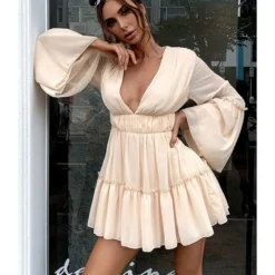 Flare Sleeve V Collar Plain Chiffon Pleated Dress 14 Flare Sleeve V Collar Plain Chiffon Pleated Dress -Amour Vert shop 201023937 1 1