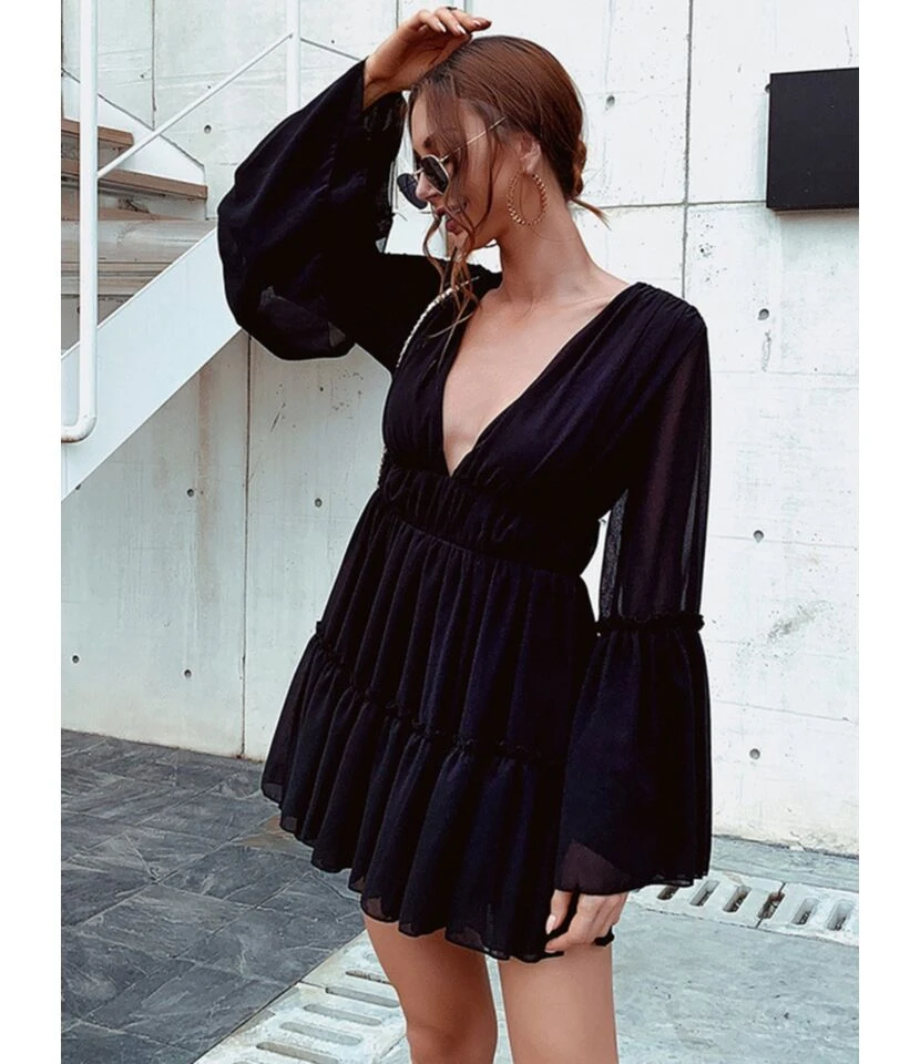 Flare Sleeve V Collar Plain Chiffon Pleated Dress 9 Flare Sleeve V Collar Plain Chiffon Pleated Dress - Image 7