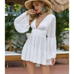 Flare Sleeve V Collar Plain Chiffon Pleated Dress 17 Flare Sleeve V Collar Plain Chiffon Pleated Dress -Amour Vert shop 201023937 7 1