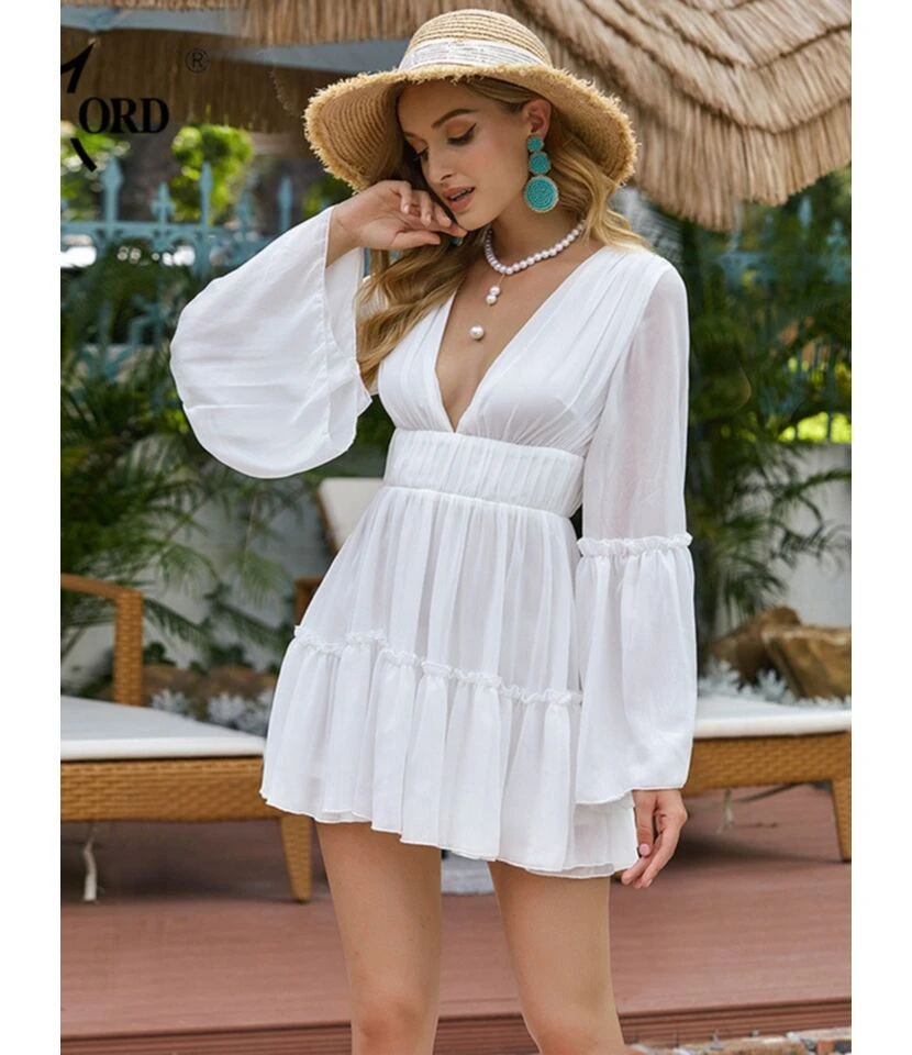 Flare Sleeve V Collar Plain Chiffon Pleated Dress 10 Flare Sleeve V Collar Plain Chiffon Pleated Dress - Image 8