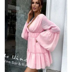 Flare Sleeve V Collar Plain Chiffon Pleated Dress 12 Flare Sleeve V Collar Plain Chiffon Pleated Dress -Amour Vert shop 201023937 8