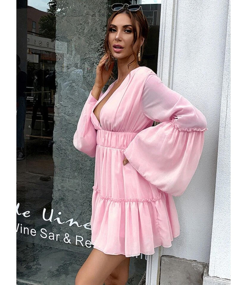 Flare Sleeve V Collar Plain Chiffon Pleated Dress 5 Flare Sleeve V Collar Plain Chiffon Pleated Dress - Image 3