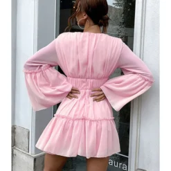 Flare Sleeve V Collar Plain Chiffon Pleated Dress 13 Flare Sleeve V Collar Plain Chiffon Pleated Dress -Amour Vert shop 201023937 9