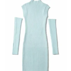 Mock Neck Plain Ribbed Knitting Dress With Sleeves 20 Mock Neck Plain Ribbed Knitting Dress With Sleeves -Amour Vert shop 201124680 12