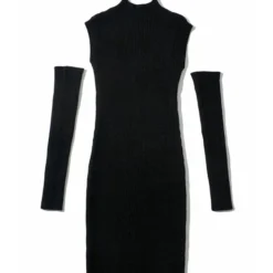 Mock Neck Plain Ribbed Knitting Dress With Sleeves 24 Mock Neck Plain Ribbed Knitting Dress With Sleeves -Amour Vert shop 201124680 13