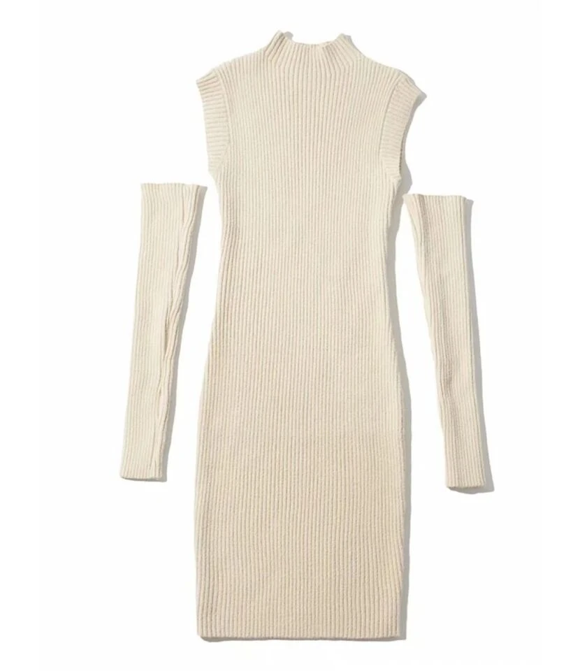 Mock Neck Plain Ribbed Knitting Dress With Sleeves 8 Mock Neck Plain Ribbed Knitting Dress With Sleeves - Image 6