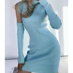 Mock Neck Plain Ribbed Knitting Dress With Sleeves
