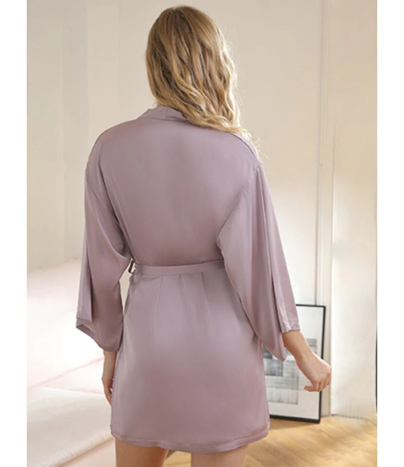 3 PCS Satin Sleepwear Set Kimono Nightgown + Cami Dress + Belt 5 3 PCS Satin Sleepwear Set Kimono Nightgown + Cami Dress + Belt - Image 3