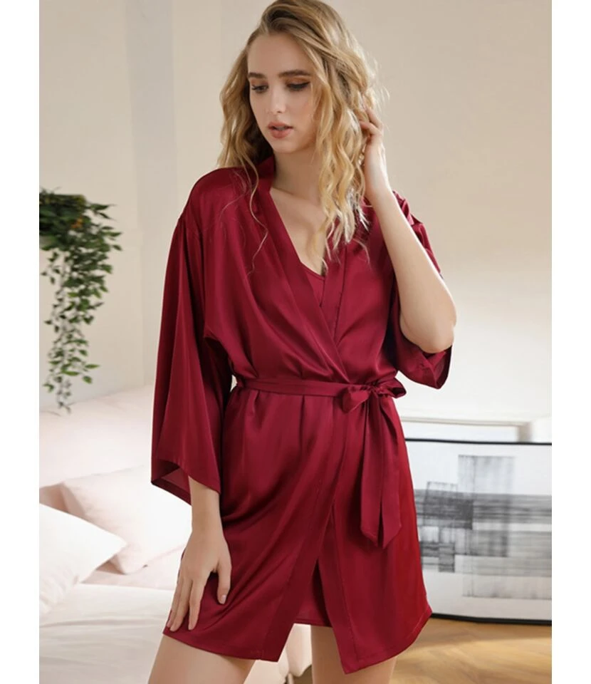3 PCS Satin Sleepwear Set Kimono Nightgown + Cami Dress + Belt 8 3 PCS Satin Sleepwear Set Kimono Nightgown + Cami Dress + Belt - Image 6