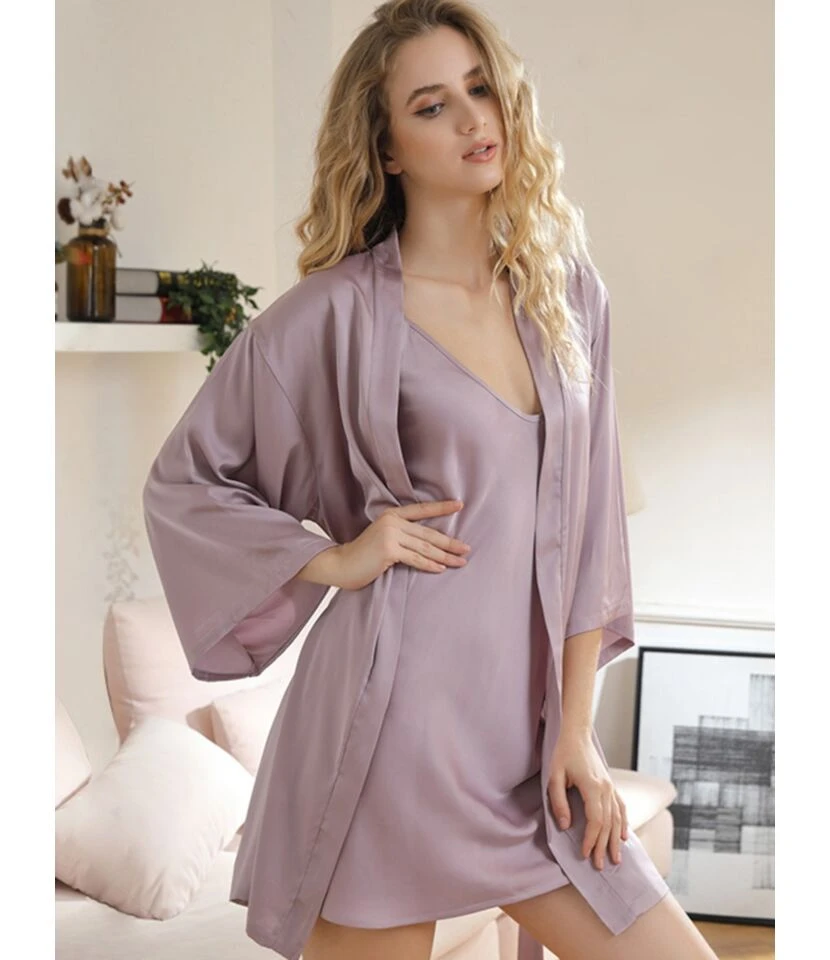 3 PCS Satin Sleepwear Set Kimono Nightgown + Cami Dress + Belt 3 3 PCS Satin Sleepwear Set Kimono Nightgown + Cami Dress + Belt