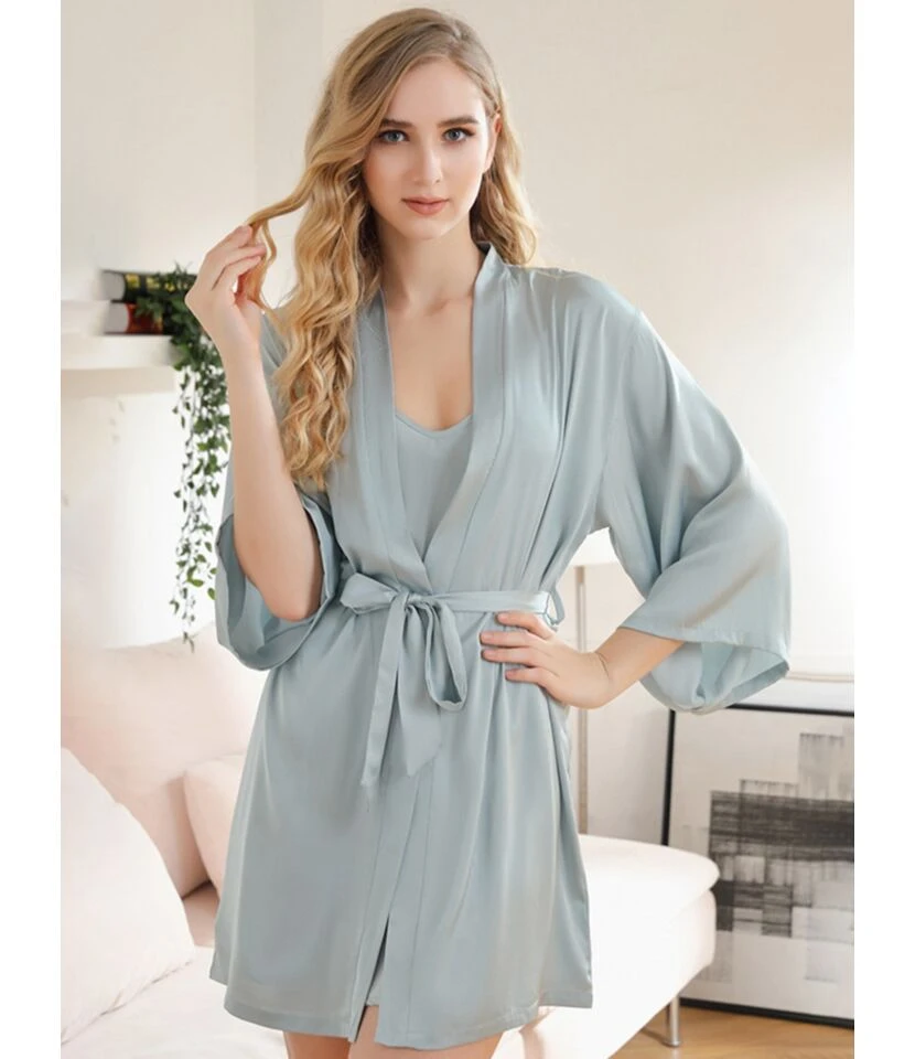 3 PCS Satin Sleepwear Set Kimono Nightgown + Cami Dress + Belt 6 3 PCS Satin Sleepwear Set Kimono Nightgown + Cami Dress + Belt - Image 4