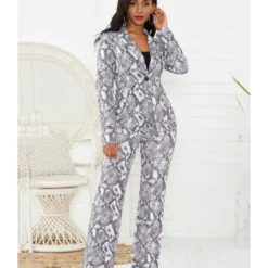 2 Pieces Snakeskin Print Blazer And High Rise Dress Pants Set