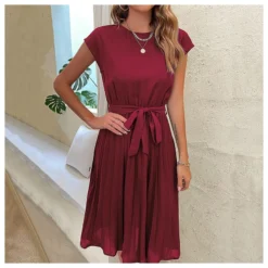 Casual Lace-Up Pleated Dress Short Sleeve Solid Color Wholesale Dresses SDN561294 -Amour Vert shop 20220720025829971