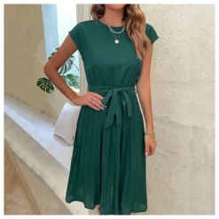 Casual Lace-Up Pleated Dress Short Sleeve Solid Color Wholesale Dresses SDN561294 -Amour Vert shop 20220720025831023
