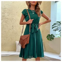 Casual Lace-Up Pleated Dress Short Sleeve Solid Color Wholesale Dresses SDN561294 -Amour Vert shop 20220720025831369