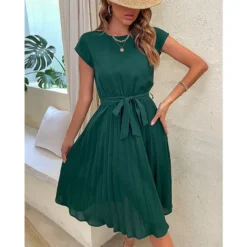 Casual Lace-Up Pleated Dress Short Sleeve Solid Color Wholesale Dresses SDN561294 -Amour Vert shop 20220720025831762