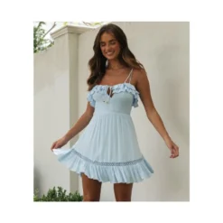 Solid Color Lotus Leaf Lace-Up Slip Swing Dress Wholesale Dresses SDN536196 -Amour Vert shop 20220802060410936