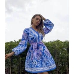 Fashion Printed V-Neck Dress Single-Breasted Lantern Sleeves Strappy Wholesale Dresses SDN561458 -Amour Vert shop 20220803035316954