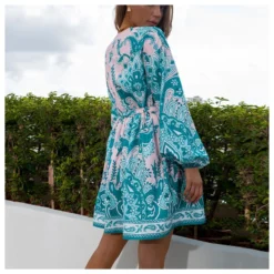 Fashion Printed V-Neck Dress Single-Breasted Lantern Sleeves Strappy Wholesale Dresses SDN561458 -Amour Vert shop 20220803035317364